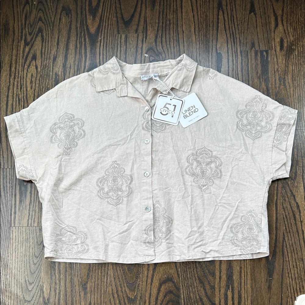 CIVICO 51 Linen Cotton Blend Short Sleeve Crop Top Printed Top Italy Beige S NWT